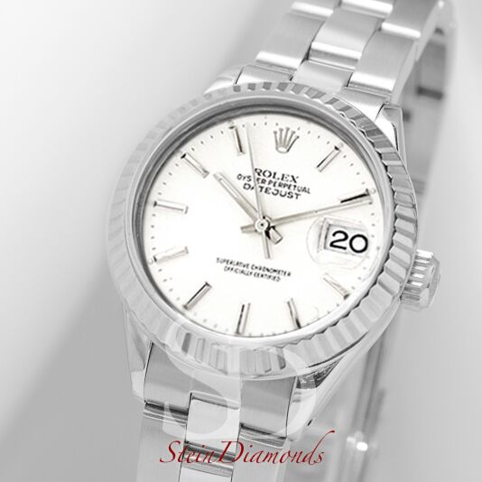 Rolex Lady Steel Datejust Fluted Bezel Custom White Index Dial on Oyster Band 26mm
