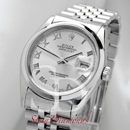 Pre Owned Rolex Steel Datejust Smooth Bezel Custom Silver Roman Dial on Jubilee Band 36mm
