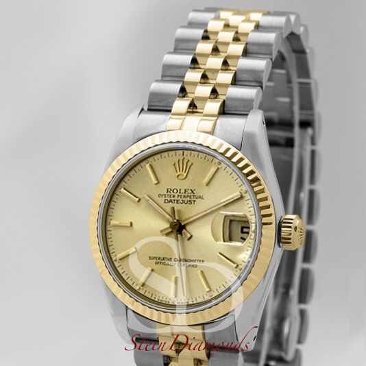 Rolex Mid-Size Two Tone Datejust Fluted Bezel Champagne Stick Dial on Jubilee Band 31mm
