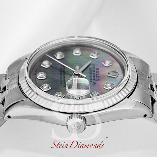 Pre Owned Rolex Steel Datejust Fluted Bezel Custom Dark Mother of Pearl Diamond on Jubilee 36mm