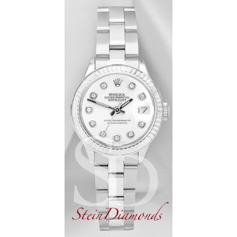 Rolex Lady Steel Datejust Fluted Bezel Custom White Diamond Dial on Oyster Band 26mm