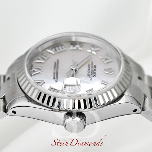 Rolex Lady Steel Datejust Fluted Bezel Custom Mother of Pearl Roman Dial on Oyster Band 26mm
