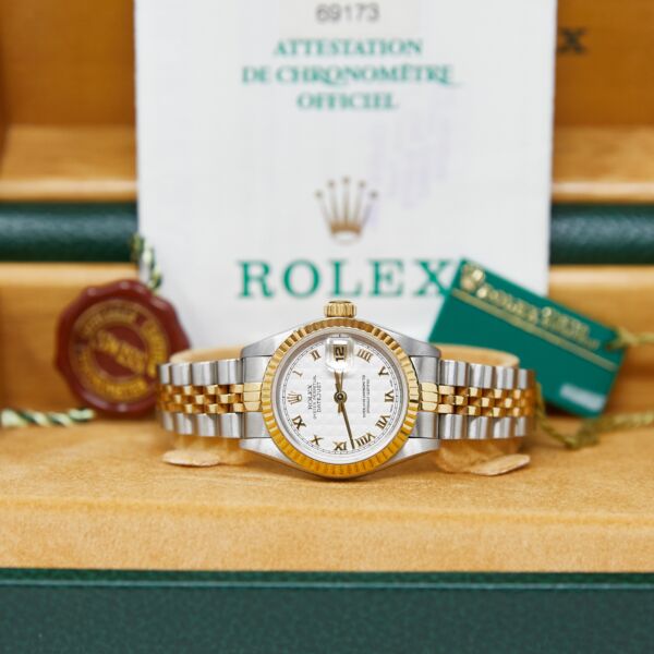 Rolex Pre-Owned Lady Datejust Stainless Steel + Yellow Gold Ivory Pyramid Roman Dial [COMPLETE SET] 26mm