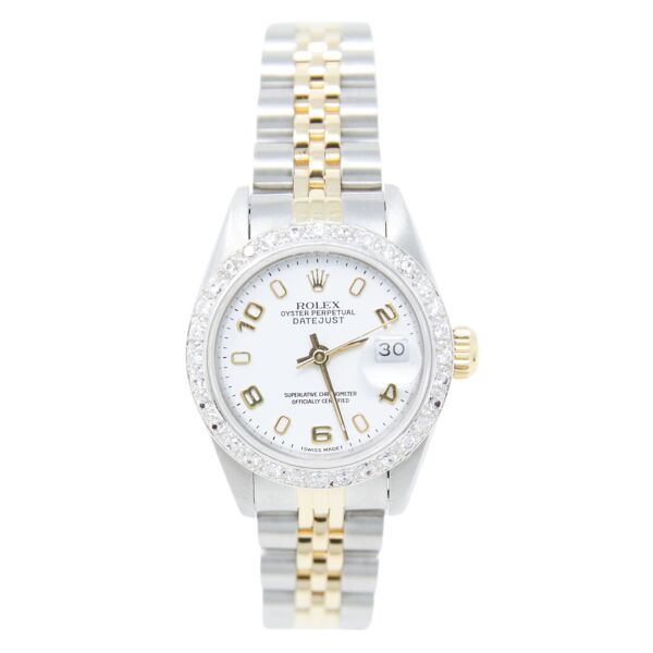 Rolex Lady Two-Tone Datejust Custom Diamond Bezel White Arabic Dial on Jubilee Band 26mm with Box