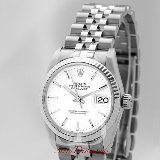 Rolex Mid-Size Steel Datejust Fluted Bezel Custom White Index Dial on Jubilee Band 31mm