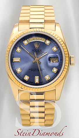 Rolex Day-Date Yellow Gold Fluted Bezel Custom Blue Diamond Dial on Presidental Bracelet 36mm