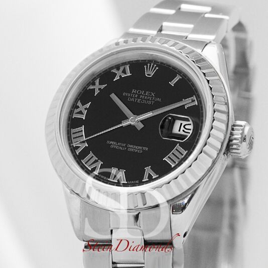 Rolex Lady Steel Datejust Fluted Bezel Custom Black Roman Dial on Oyster Band 26mm