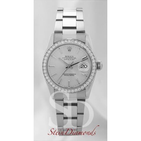 Rolex Mid-Size Steel Datejust Custom Diamond Bezel and Custom Silver Index Dial on Oyster Band 31mm