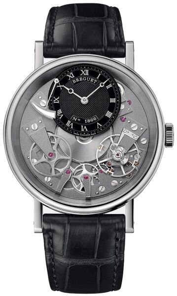 Tradition Black and Grey Skeleton Dial 18k White Gold Black Leather Men's Watch