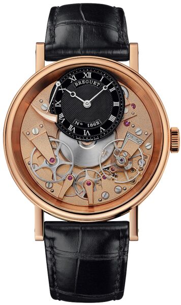 Tradition Black and Champagne Skeleton Dial 18kt Rose Gold Black Leather Men's Watch