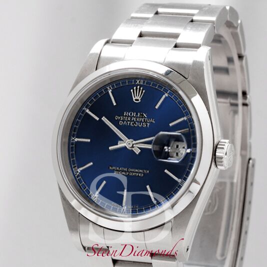 Pre Owned Rolex Steel Datejust Smooth Bezel Custom Blue Index on Oyster Band 36mm