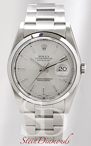 Pre Owned Rolex Steel Datejust Smooth Bezel Custom Silver Index Dial on Oyster Band 36mm