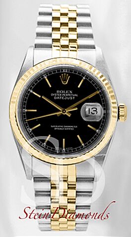 Pre Owned Rolex Two-Tone Datejust Fluted Bezel Custom Black Index Dial on Jubilee Band 36mm