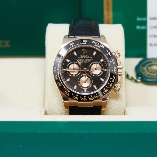 Rolex New Style Pre Owned Daytona Rose Gold Black Dial 40mm Complete with Box and Card