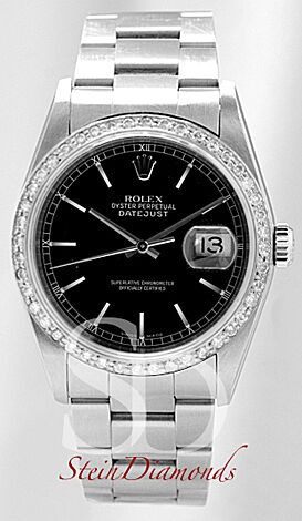 Pre Owned Rolex Steel Datejust Custom Diamond Bezel and Custom Black Index Dial on Oyster Band 36mm