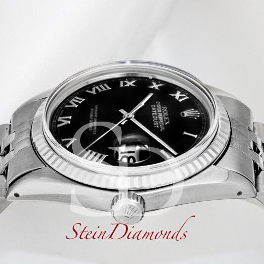 Pre Owned Rolex Steel Datejust Fluted Bezel Custom Black Roman Dial on Jubilee Band 36mm