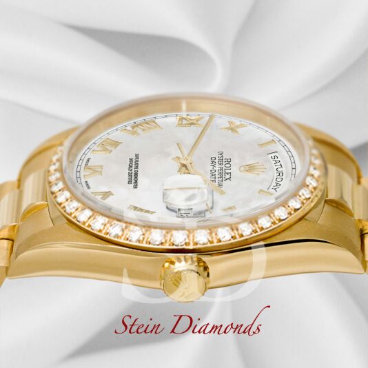 Rolex Day-Date Yellow Gold Custom Diamond Bezel Custom Mother of Pearl Roman Dial on Presidental Bracelet 36mm