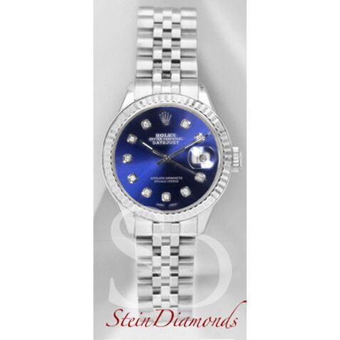 Rolex Lady Steel Datejust Fluted Bezel Custom Blue Diamond Dial on Jubilee Band 26mm