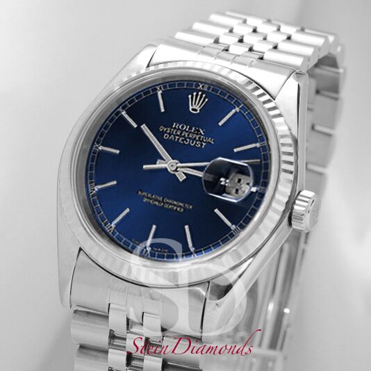 Pre Owned Rolex Steel Datejust Fluted Bezel Custom Blue Index Dial on Jubilee Band 36mm