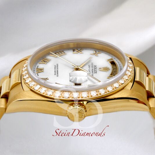 Rolex Day-Date Yellow Gold Custom Diamond Bezel White Roman Dial on Presidental Bracelet 36mm