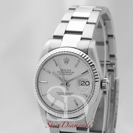 Rolex Mid-Size Steel Datejust Fluted Bezel Custom Silver Index Dial on Oyster Band 31mm