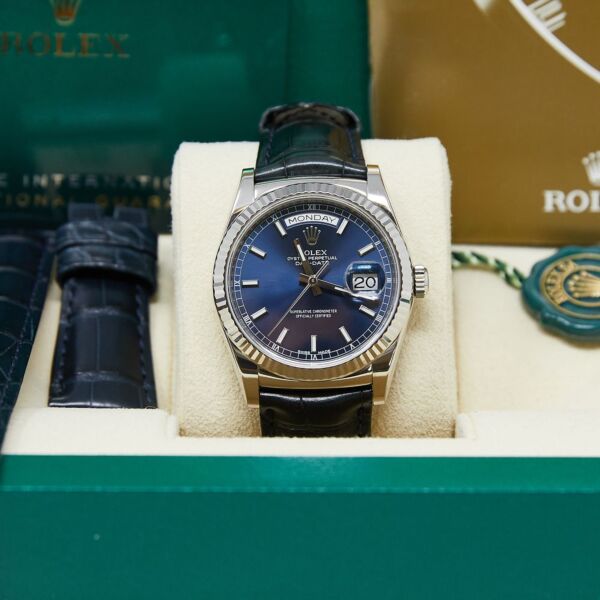 Rolex Pre Owned Day-Date President Rose Gold Blue Dial on Strap 36mm Complete with Box and Card