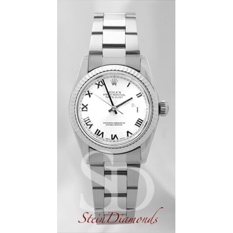 Rolex Mid-Size Steel Datejust Fluted Bezel Custom White Roman Dial on Oyster Band 31mm