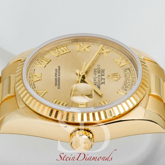 Rolex Day-Date Yellow Gold Fluted Bezel Champagne Roman Dial on Presidental Bracelet 36mm