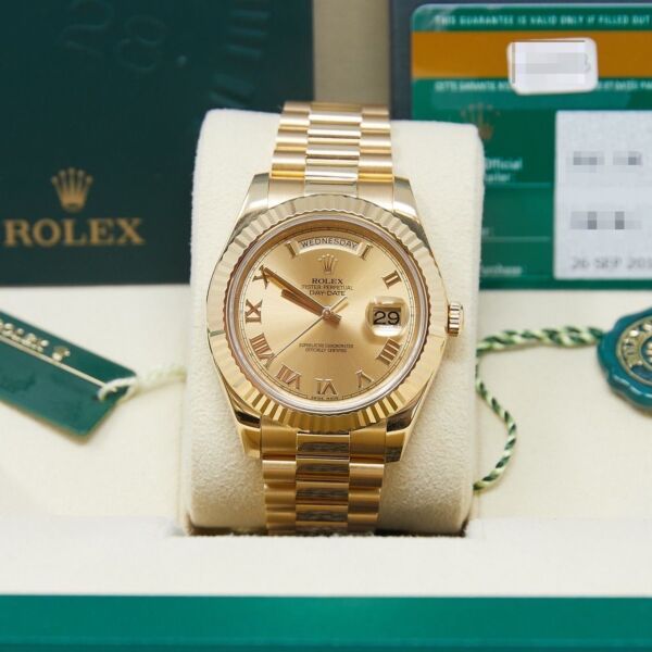Rolex Pre Owned Day-Date II President Yellow Gold Champagne Roman Dial on Presidential 41mm with Box and Card 2014