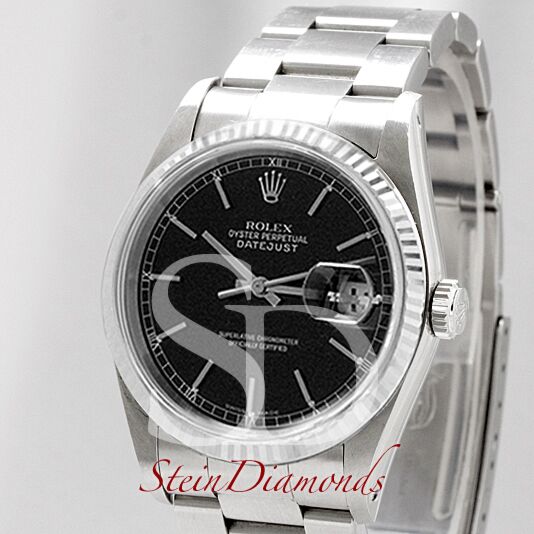 Pre Owned Rolex Steel Datejust Fluted Bezel Custom Black Index Dial on Oyster Band 36mm