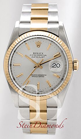 Pre Owned Rolex Two-Tone Datejust Fluted Bezel Custom Silver Index Dial on Oyster Band 36mm