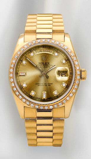 Rolex Day-Date Yellow Gold Custom Diamond Bezel Custom Champagne Diamond Dial on Presidental Bracelet 36mm