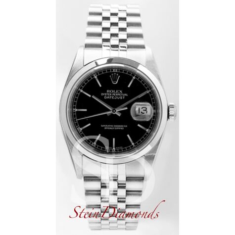 Pre Owned Rolex Steel Datejust Smooth Bezel Custom Black Index Dial on Jubilee Band 36mm