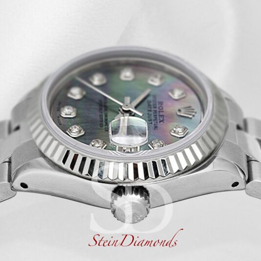 Rolex Lady Steel Datejust Fluted Bezel Custom Dark Mother of Pearl Diamond Dial on Oyster Band 26mm