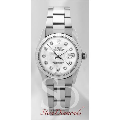 Rolex Mid-Size Steel Datejust Fluted Bezel Custom Mother of Pearl Diamond on Oyster Band 31mm