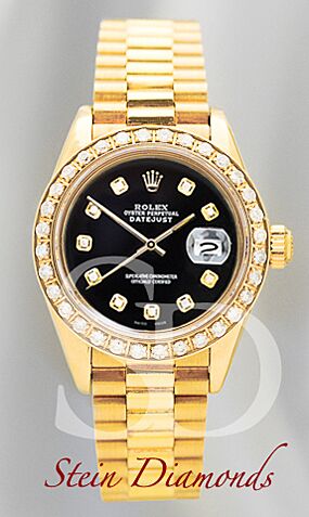 Rolex Lady Yellow Gold President Custom Diamond Bezel and Custom Black Diamond on Presidential 26mm