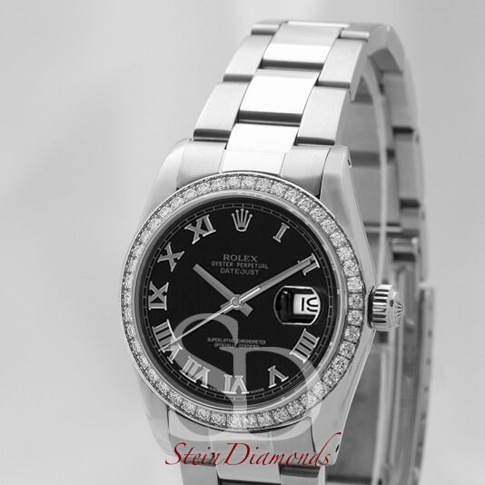Rolex Mid-Size Steel Datejust Custom Diamond Bezel and Custom Black Roman Dial on Oyster Band 31mm