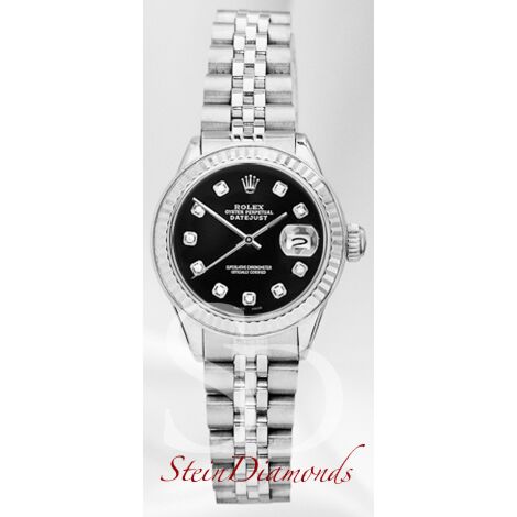 Rolex Lady Steel Datejust Fluted Bezel Custom Black Diamond Dial on Jubilee Band 26mm