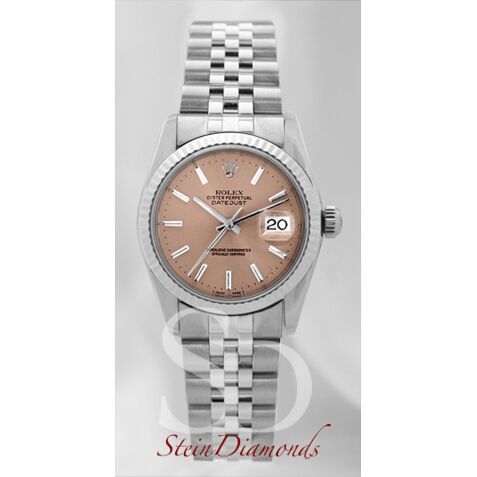 Rolex Mid-Size Steel Datejust Fluted Bezel Custom Pink Stick Dial on Jubilee Band 31mm