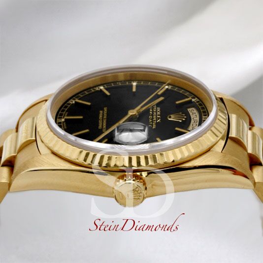 Rolex Day-Date Yellow Gold Fluted Bezel Black Stick Dial on Presidental Bracelet 36mm