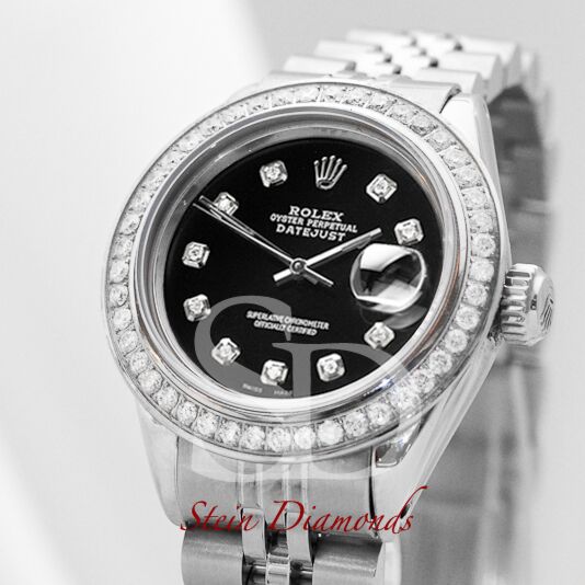 Rolex Lady Steel Datejust Custom Diamond Bezel and Custom Black Diamond on Jubilee Band 26mm