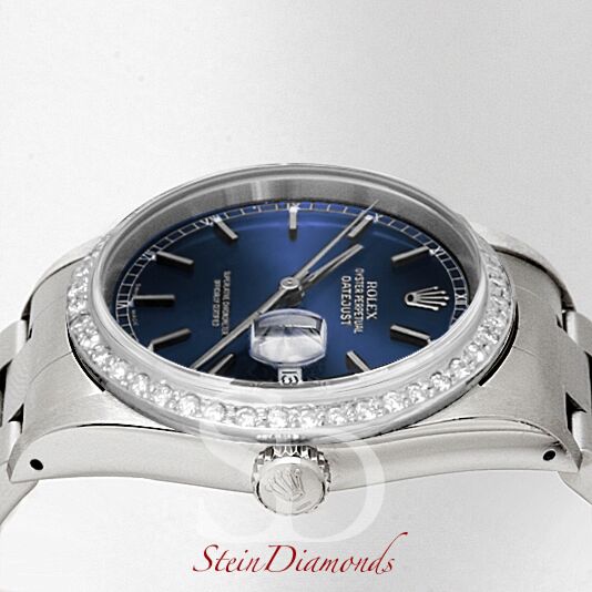Pre Owned Rolex Steel Datejust Custom Diamond Bezel and Custom Blue Index Dial on Oyster Band 36mm
