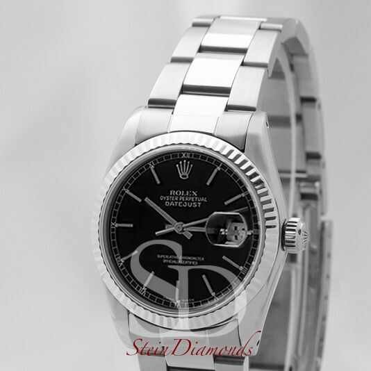 Rolex Mid-Size Steel Datejust Fluted Bezel Custom Black Index Dial on Oyster Band 31mm