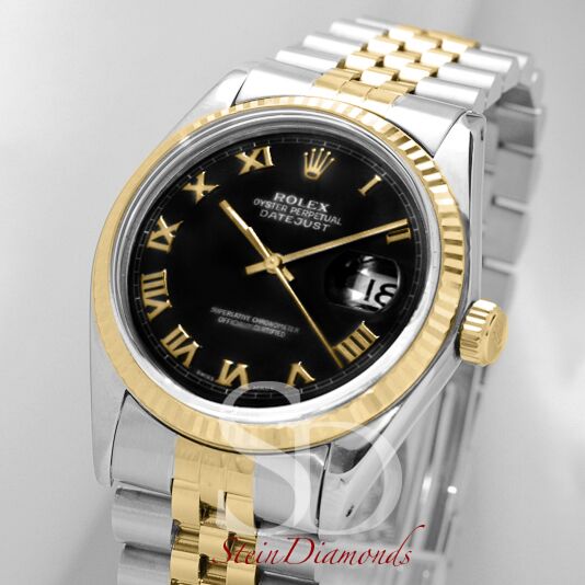 Pre Owned Rolex Two-Tone Datejust Fluted Bezel Custom Black Roman Dial on Jubilee Band 36mm