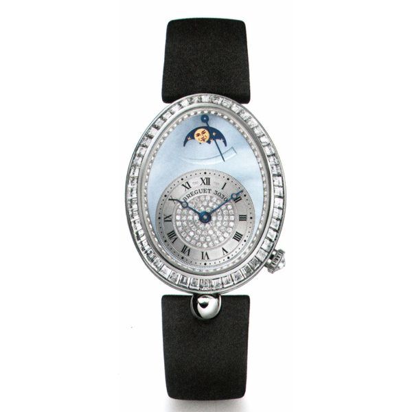 Reine de Naples Blue Mother of Pearl Dial 18kt White Gold Diamond Black Satin Ladies Watch