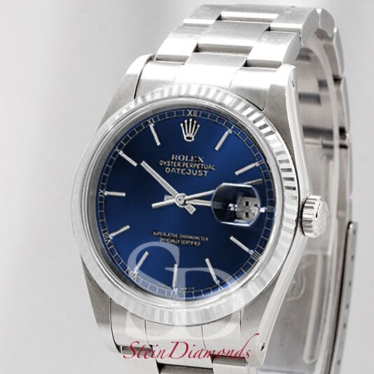 Pre Owned Rolex Steel Datejust Fluted Bezel Custom Blue Index Dial on Oyster Band 36mm
