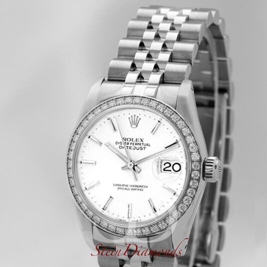 Rolex Mid-Size Steel Datejust Custom Diamond Bezel and Custom White Index Dial on Jubilee Band 31mm