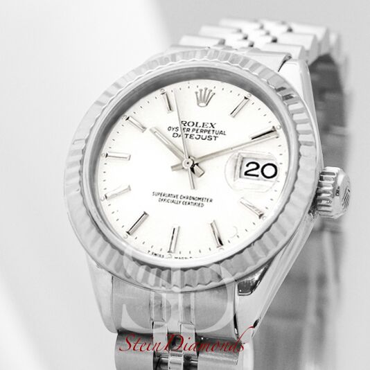 Rolex Lady Steel Datejust Fluted Bezel Custom White Index Dial on Jubilee Band 26mm