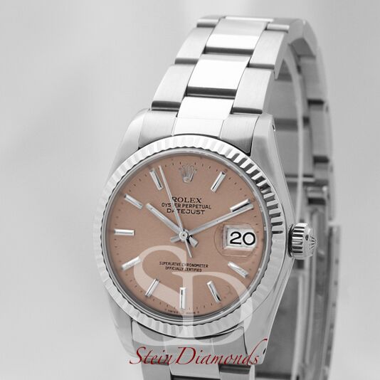 Rolex Mid-Size Steel Datejust Fluted Bezel Custom Pink Index Dial on Oyster Band 31mm