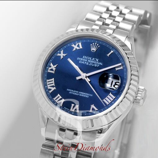 Rolex Lady Steel Datejust Fluted Bezel Custom Blue Roman Dial on Jubilee Band 26mm